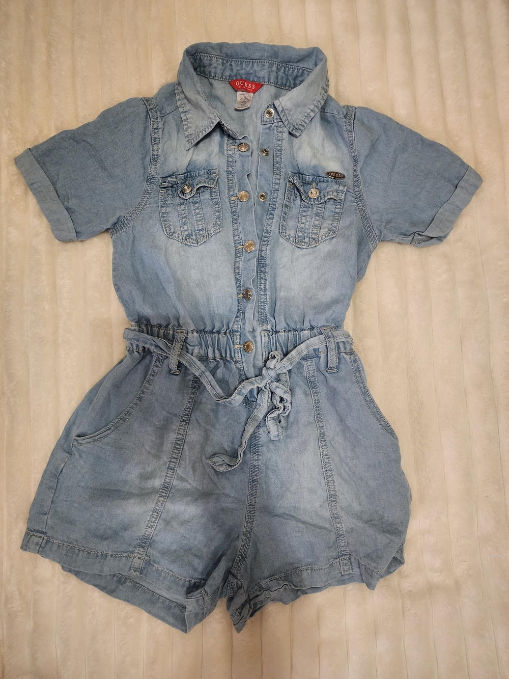 GUESS Girls Size 10 Lyocell Chambray Romper Light Wash Belted